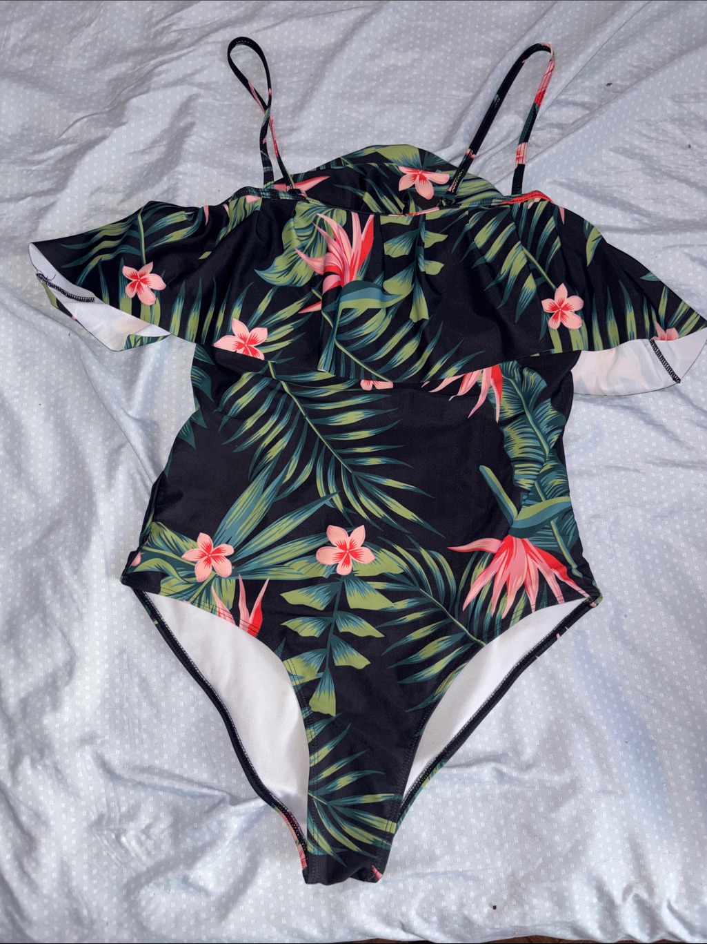 Shein Black Swimwear With Green & Pink Tropical Print